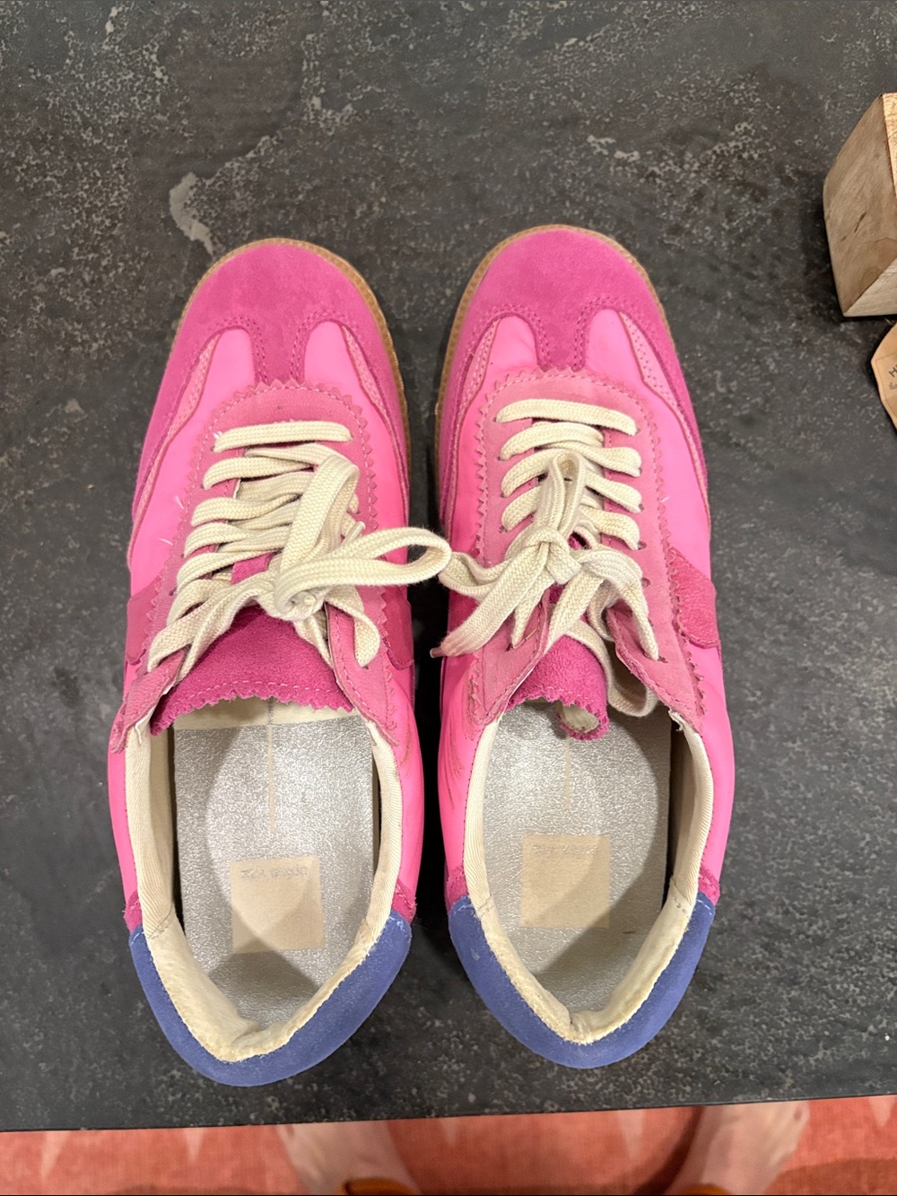 Dolce Vita Hot Pink Suede & Fabric Sneakers with Cream Laces and Blue Heel